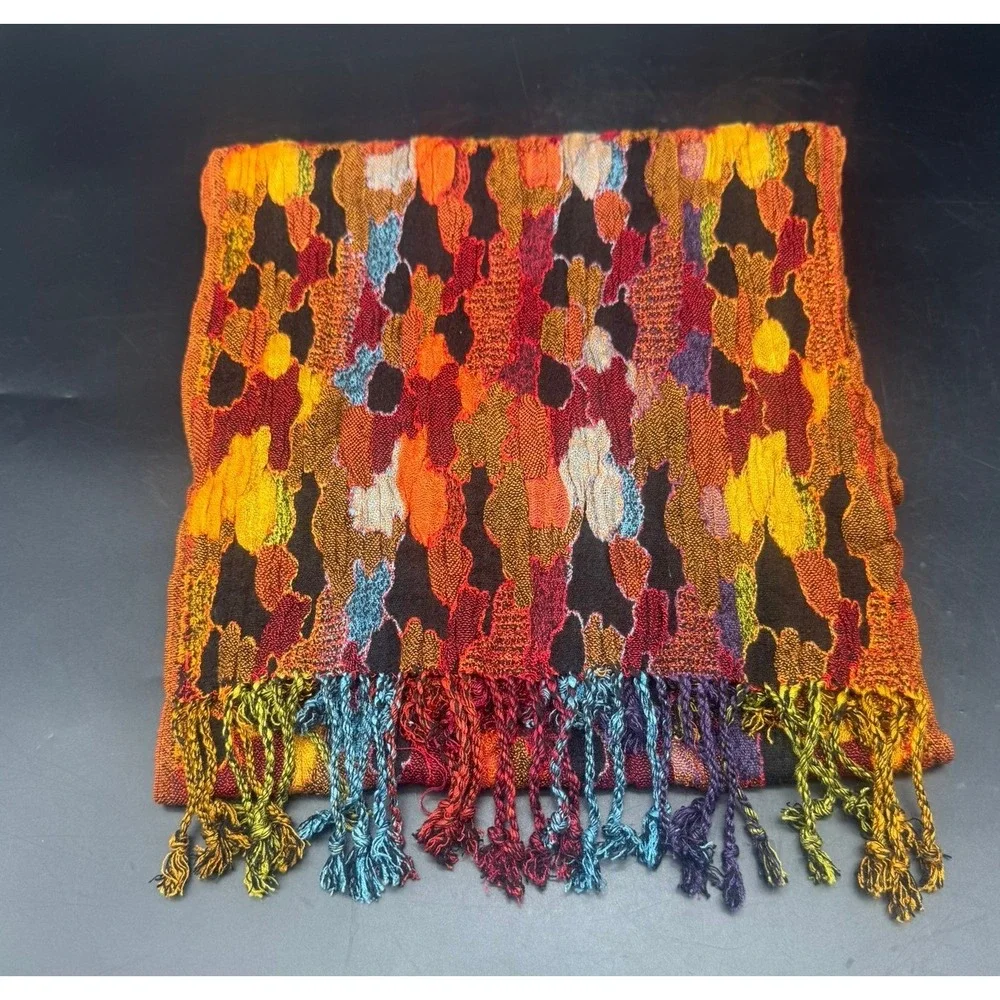 Rapti Colorful Reversible Oblong Silk Blend Scarf Twisted Fringe 80
